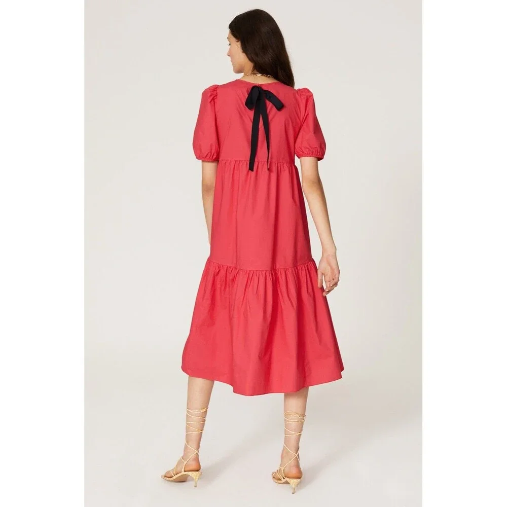 Peter Som Collective 100% Cotton Pink Puff Sleeve Poplin Tiered Midi Dress 14
